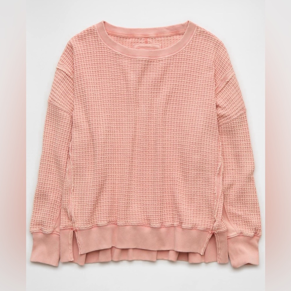 American Eagle Women’s Oversized Big Hug Waffle Crew Neck Sweatshirt Coral sz XL
